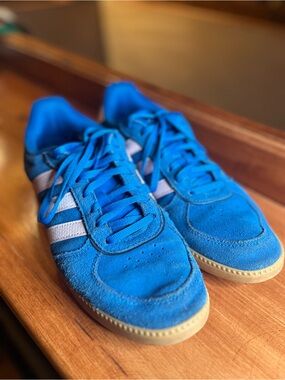 adidas Blue Suede Athletic Sneakers with White Stripes